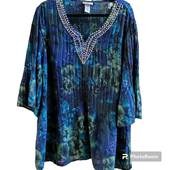 Catherines Tops - Catherine's 2X Metallic Blue Black Embellished Rhinestone Blouse
